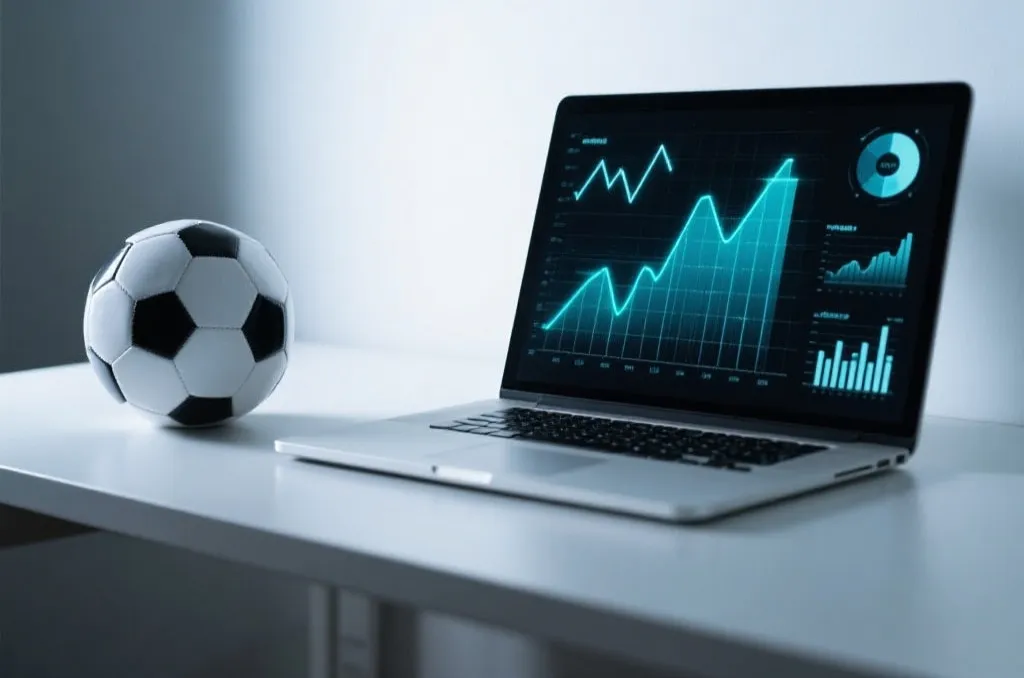 A minimalist workspace with a laptop displaying abstract glowing data graphs and charts, a soccer ball next to it, professional mood