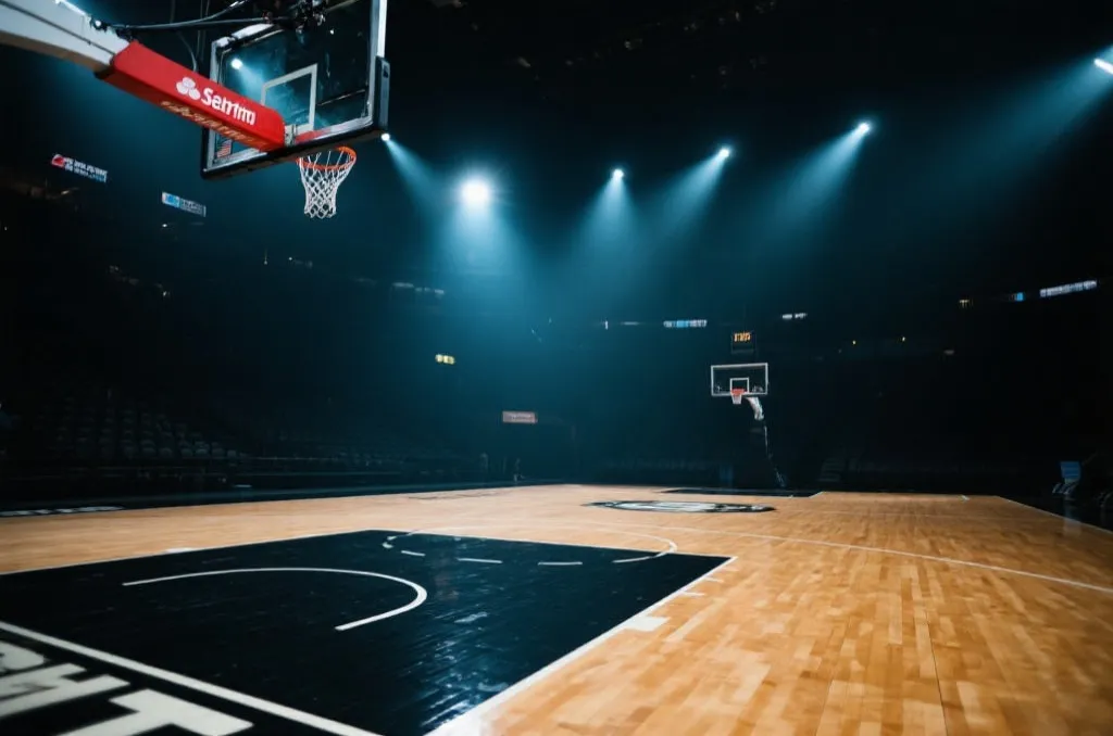 Professional basketball on hardwood court under dramatic arena lighting
