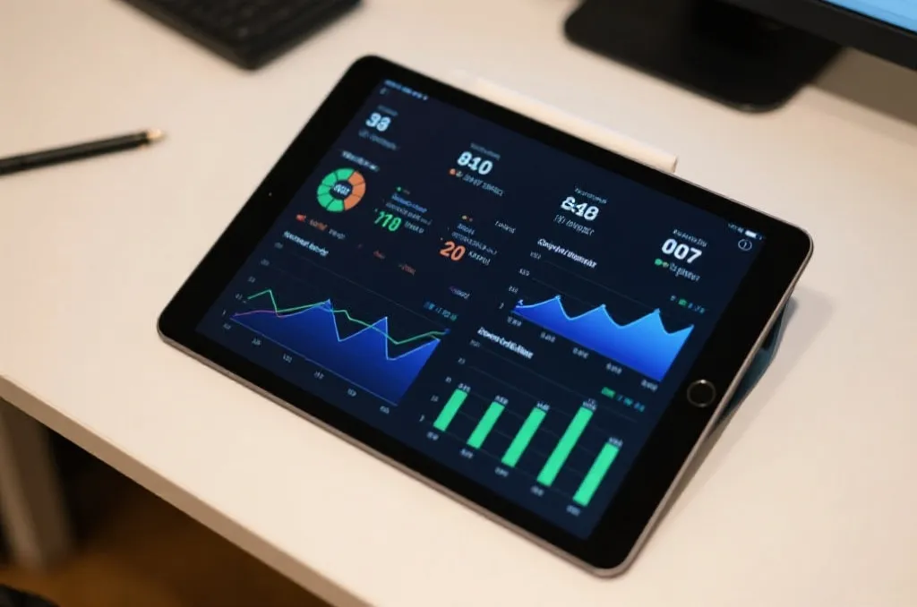 Digital tablet displaying basketball statistics and analytical charts on a desk